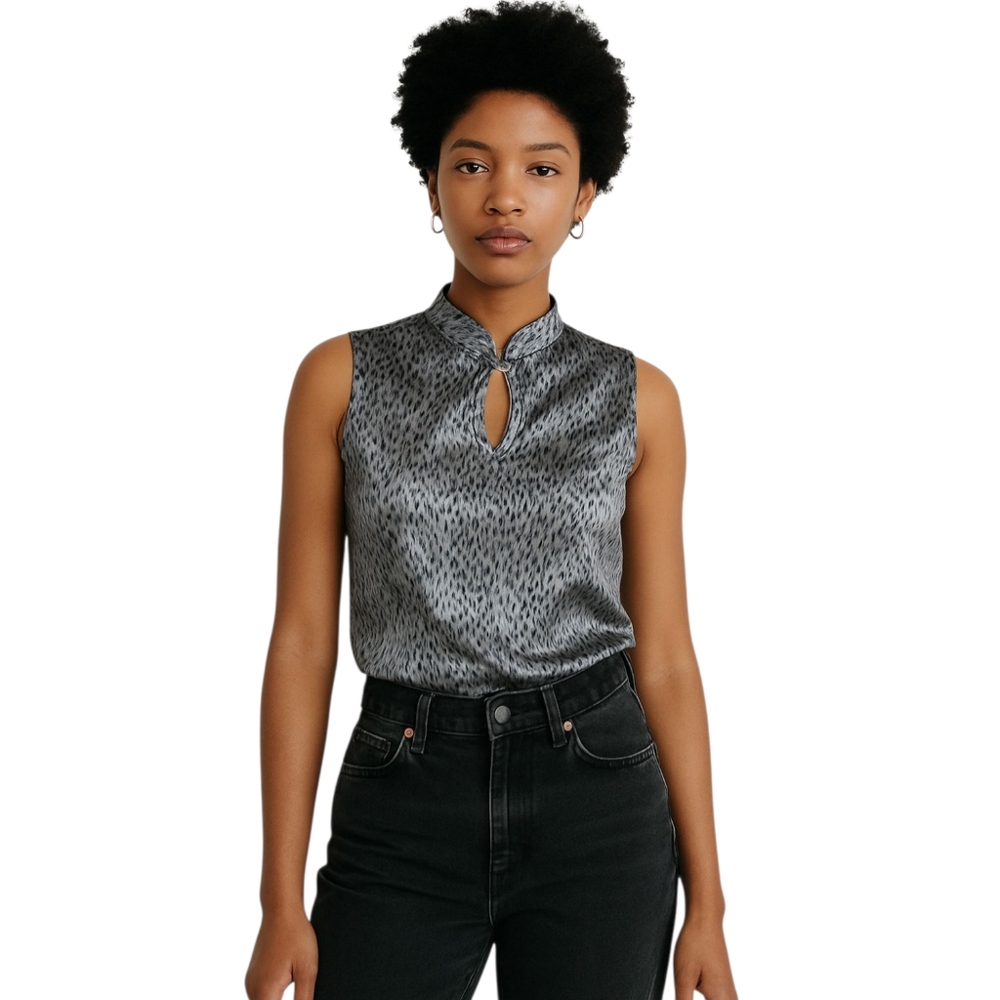 CONSPIRACY VINTAGE 90s Sleeveless Satin Blouse Gray Black Abstract Print Keyhole